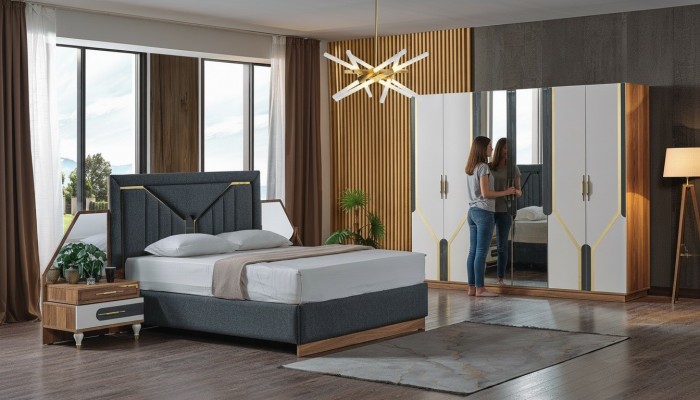 Schlofzëmmer Set Bett + 2x Nuetsdëscher + Kleederschaf Design Miwwelen 4 Stéck. Nei