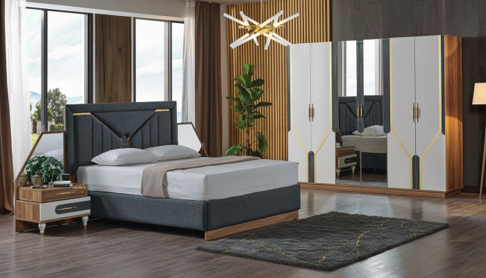 Schlofzëmmer Set Bett + 2x Nuetsdëscher + Kleederschaf Design Miwwelen 4 Stéck. Nei