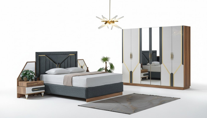 Schlofzëmmer Set Bett + 2x Nuetsdëscher + Kleederschaf Design Miwwelen 4 Stéck. Nei