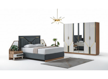 Schlofzëmmer Set Bett + 2x Nuetsdëscher + Kleederschaf Design Miwwelen 4 Stéck. Nei