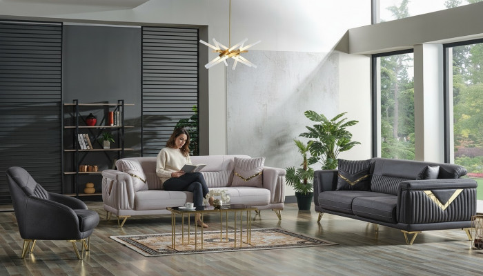 Sofa-Set 3+3+1 Sëtzer Textil Holz Sofa 3 Sëtzer Modern Fauteuil Komplett Set Nei