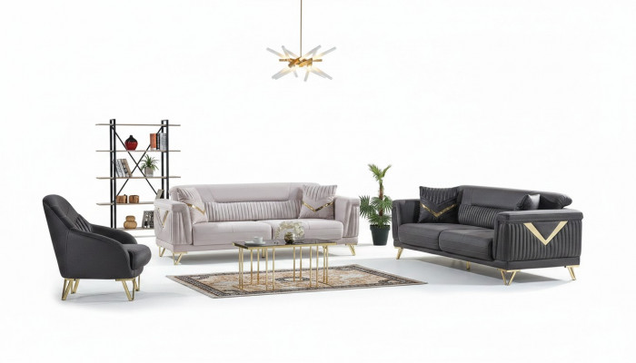 Sofa-Set 3+3+1 Sëtzer Textil Holz Sofa 3 Sëtzer Modern Fauteuil Komplett Set Nei