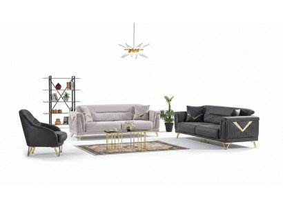 Sofa-Set 3+3+1 Sëtzer Textil Holz Sofa 3 Sëtzer Modern Fauteuil Komplett Set Nei