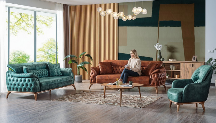 Klassesch Canapé-Set 3+3+1 Sitz Chesterfield Relax Sesselen Miwwelen Canapé