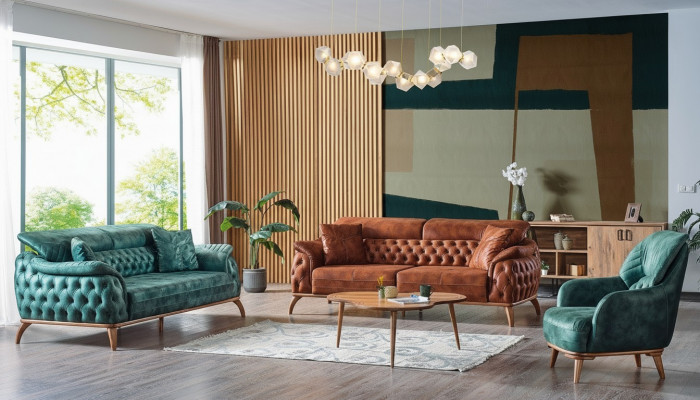 Klassesch Canapé-Set 3+3+1 Sitz Chesterfield Relax Sesselen Miwwelen Canapé
