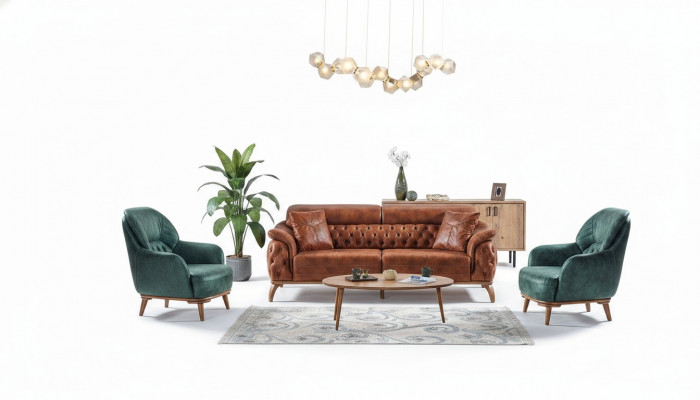 Klassesch Canapé-Set 3+3+1 Sitz Chesterfield Relax Sesselen Miwwelen Canapé