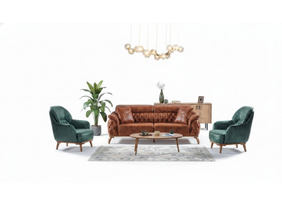 Klassesch Canapé-Set 3+3+1 Sitz Chesterfield Relax Sesselen Miwwelen Canapé