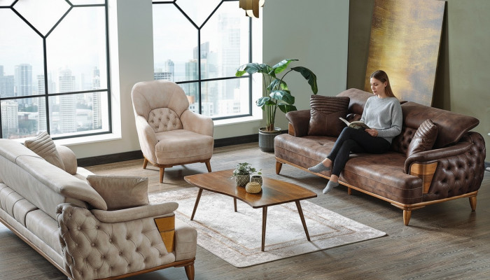 Sofasëtzer 3+3+1 Holz Wunnzëmmer Luxus Sofa Chesterfield Stoff Neien Komplett