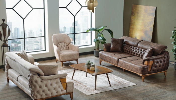 Sofasëtzer 3+3+1 Holz Wunnzëmmer Luxus Sofa Chesterfield Stoff Neien Komplett