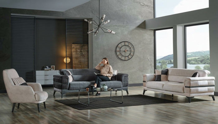 Sofa Garnitur 3+3+1 Holz Wunnzëmmer Luxus Sofa Modern Stoff Nei Komplett