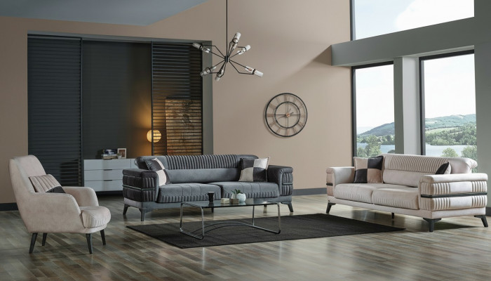 Sofa Garnitur 3+3+1 Holz Wunnzëmmer Luxus Sofa Modern Stoff Nei Komplett