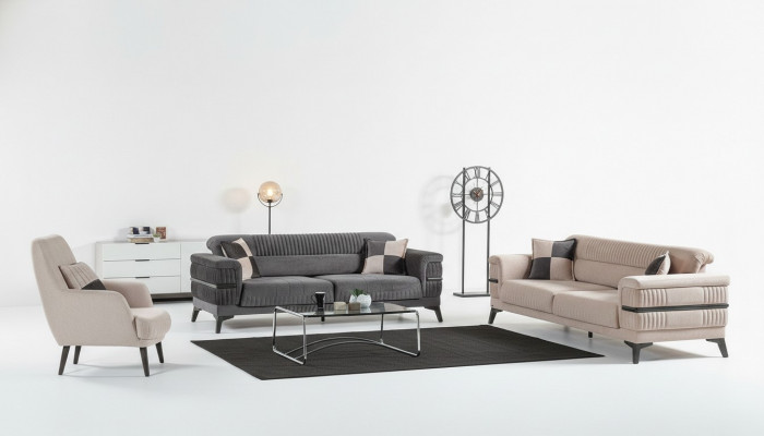 Sofa Garnitur 3+3+1 Holz Wunnzëmmer Luxus Sofa Modern Stoff Nei Komplett