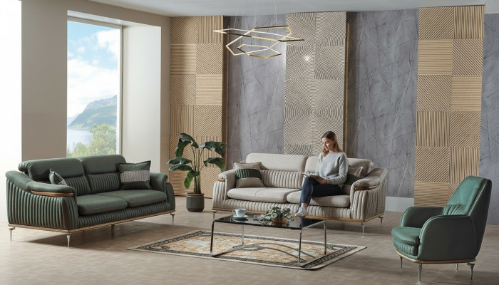 Sofagarnitur 3+3+1 Sëtzer Wunnzëmmer Set Komplett Textil Sofa Fotell Holz EU