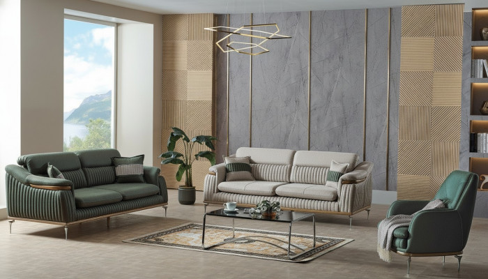Sofagarnitur 3+3+1 Sëtzer Wunnzëmmer Set Komplett Textil Sofa Fotell Holz EU