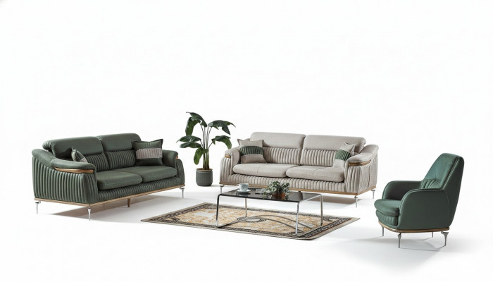 Sofagarnitur 3+3+1 Sëtzer Wunnzëmmer Set Komplett Textil Sofa Fotell Holz EU
