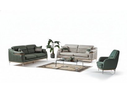 Sofagarnitur 3+3+1 Sëtzer Wunnzëmmer Set Komplett Textil Sofa Fotell Holz EU