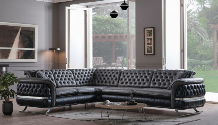 Ecksofa Wunnlandschaft Faarf Schwaarz U Form XXL Sofa Nei Chesterfield Nei