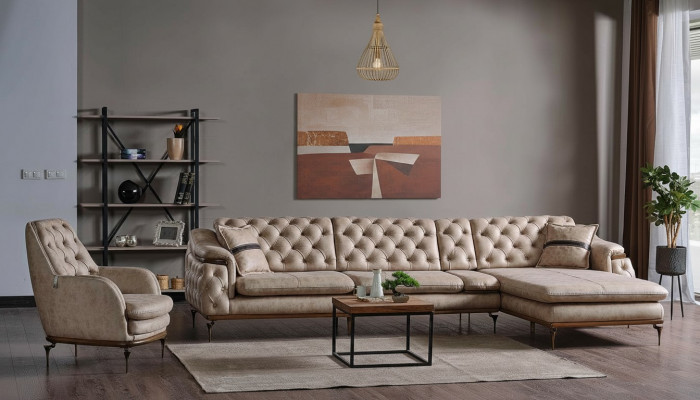 Luxus Wunnzëmmer Set Fotell Ecksofa L Form Modern Set Chesterfield Komplett