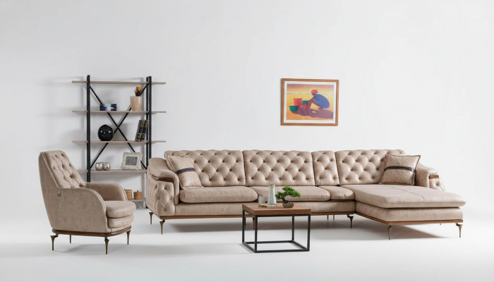 Luxus Wunnzëmmer Set Fotell Ecksofa L Form Modern Set Chesterfield Komplett