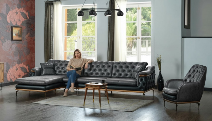 Schwaarzt Wunnzëmmer Set Eckcouch L-Form Schlofos Modern Chesterfield Komplett