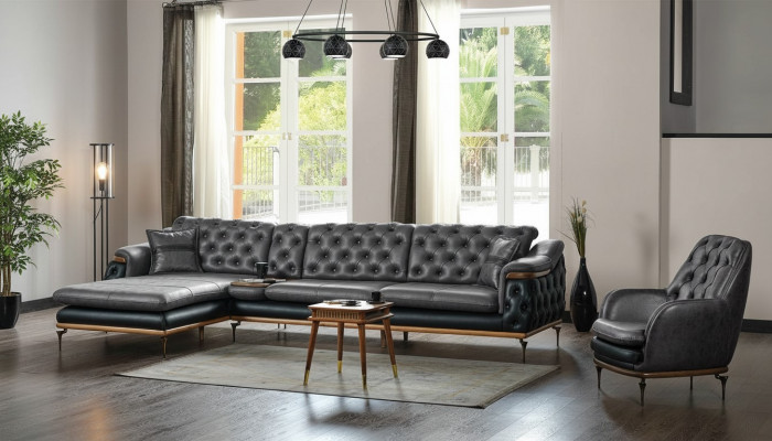 Schwaarzt Wunnzëmmer Set Eckcouch L-Form Schlofos Modern Chesterfield Komplett