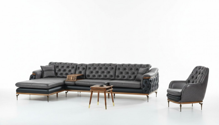 Schwaarzt Wunnzëmmer Set Eckcouch L-Form Schlofos Modern Chesterfield Komplett