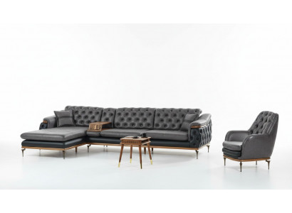 Schwaarzt Wunnzëmmer Set Eckcouch L-Form Schlofos Modern Chesterfield Komplett