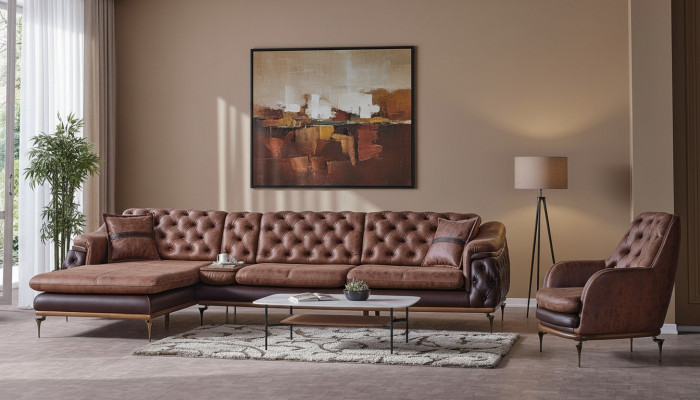 Eckcouch L-Form Sëtz Braun Komplett Wunnzëmmer Set 2tlg. Luxus Braun