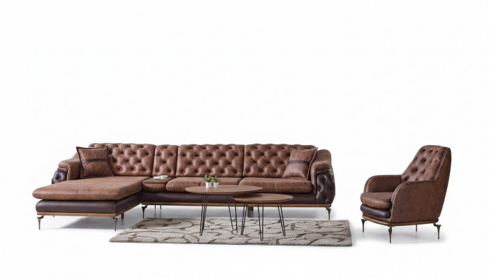 Eckcouch L-Form Sëtz Braun Komplett Wunnzëmmer Set 2tlg. Luxus Braun