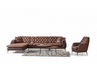Eckcouch L-Form Sëtz Braun Komplett Wunnzëmmer Set 2tlg. Luxus Braun