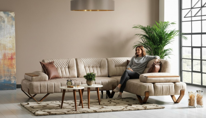 Eckcouch Wunnlandschaft Faarf Beige L-Form Canapé Nei Wunnzëmmer Eckcouch Luxus Nei