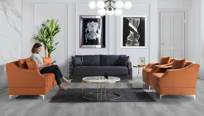 Sofagarnitur 3+2+1+1 Sëtzer Wunnzëmmer Set Komplett Textil Sofa Still Holz Nei