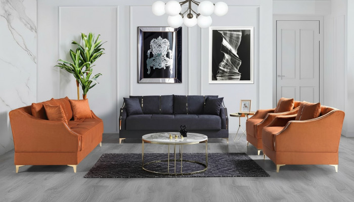Sofagarnitur 3+2+1+1 Sëtzer Wunnzëmmer Set Komplett Textil Sofa Still Holz Nei
