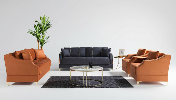 Sofagarnitur 3+2+1+1 Sëtzer Wunnzëmmer Set Komplett Textil Sofa Still Holz Nei