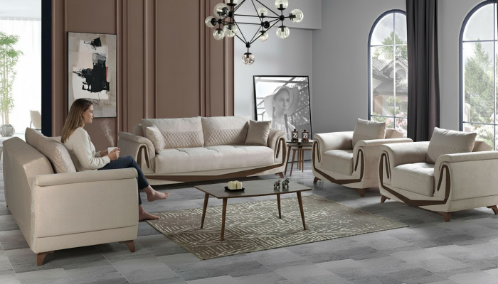 Sofagarnitur 3+2+1+1 Holz Wunnzëmmer Luxus Sofa Modern Stoff Komplett Nei