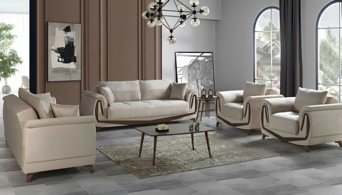 Sofagarnitur 3+2+1+1 Holz Wunnzëmmer Luxus Sofa Modern Stoff Komplett Nei