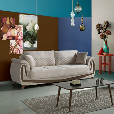 Luxus 3 Sëtzer Sofa Wunnzëmmerméigel Elegant Sofa 230cm Textil Beige Neit