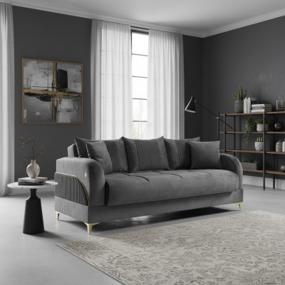 Grau Dräi-Sëtz Canapé Polster Miwwelen Canapéen Stoff Sofae Textil mat Këssen