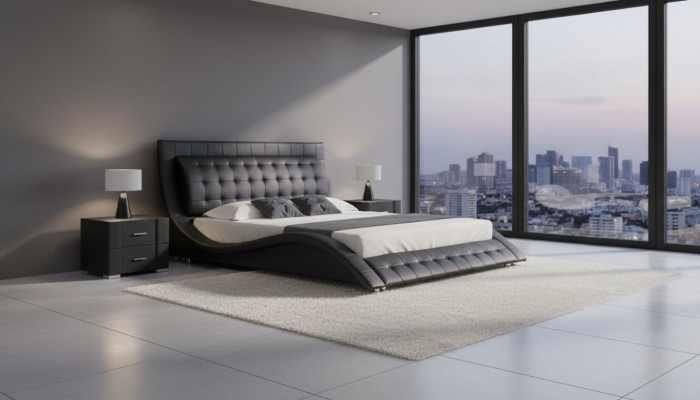 Bett Duebelbett Schwaarz Gepolstert Bett Schlofzëmmer Modern 180x200