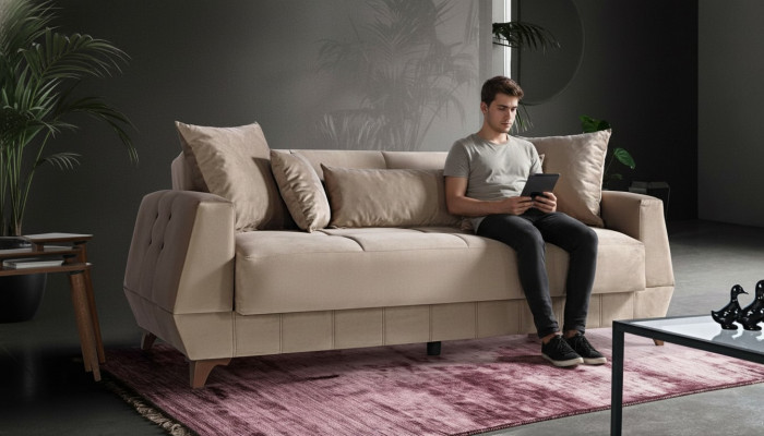 Design Sofa Drësëtzer Beige Canapé Miwwelen Textil Stoff 3 Sëtzer Couches Sofas