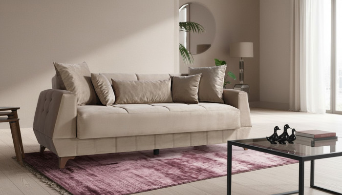 Design Sofa Drësëtzer Beige Canapé Miwwelen Textil Stoff 3 Sëtzer Couches Sofas
