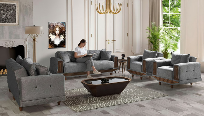 Canapé-Set 3+2+1+1 Sëtzer Textil Holz Sofa 3 Sëtzer Modern Still Komplett Set