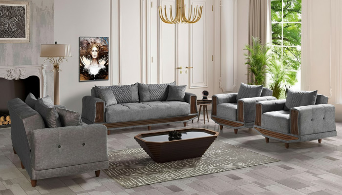 Canapé-Set 3+2+1+1 Sëtzer Textil Holz Sofa 3 Sëtzer Modern Still Komplett Set