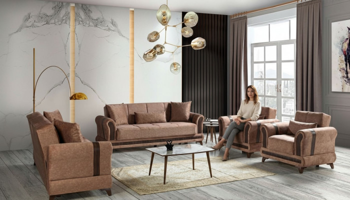 Salonensemble 3+2+1+1 Plazen Wunnzëmmer Set Stoff Sofa Fauteuil Schlofssofa