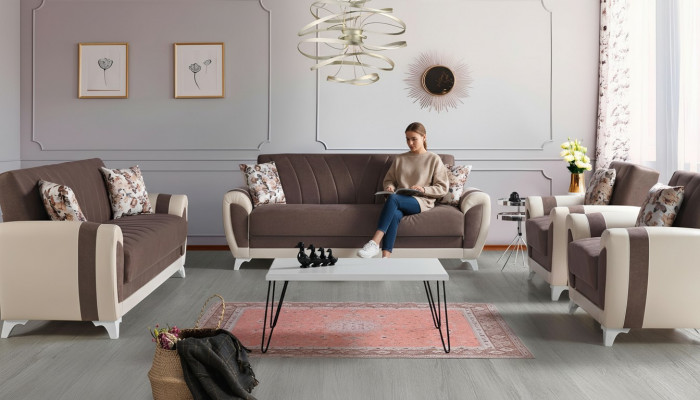 Schloofcouch Sofagarnitur 3+2+1+1 Sëtzer Textil Sofa Fauteuil Komplett Set Braun