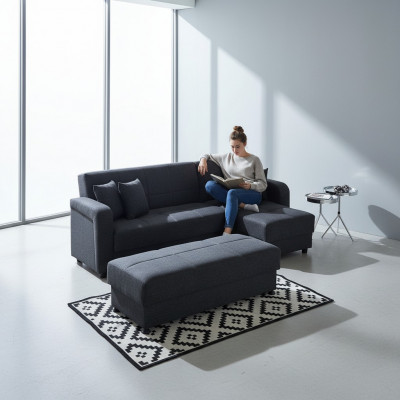 Ecksofa L-Form Hocker Schwaarz Komplett Wunnzëmmer Set 2tlg. Luxus Miwwelen