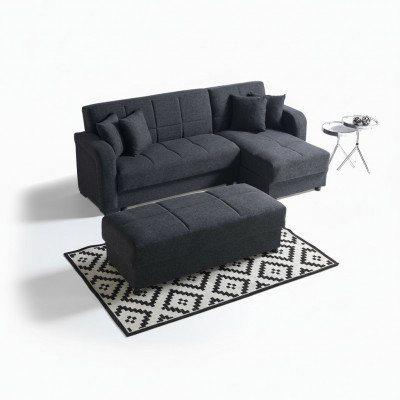 Ecksofa L-Form Hocker Schwaarz Komplett Wunnzëmmer Set 2tlg. Luxus Miwwelen