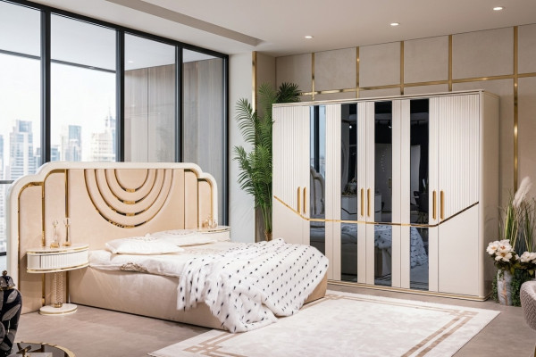 Modern Schlofzëmmer Set Bett 2x Nuetsdëscher Kleederschaf Design Miwwelen 4 Stéck