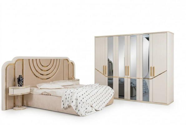 Modern Schlofzëmmer Set Bett 2x Nuetsdëscher Kleederschaf Design Miwwelen 4 Stéck