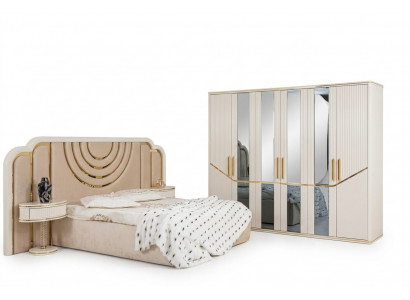 Modern Schlofzëmmer Set Bett 2x Nuetsdëscher Kleederschaf Design Miwwelen 4 Stéck